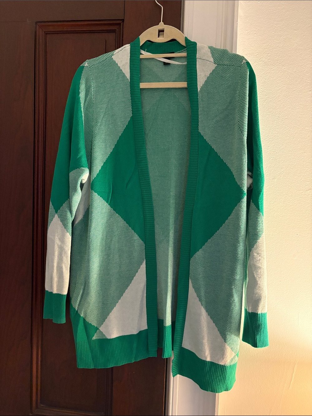 torrid Green and Light Gray Open-Front Geometric Cardigan